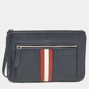 Pre Owned Bally Navy Blue Leather Wristlet Zip Pouch