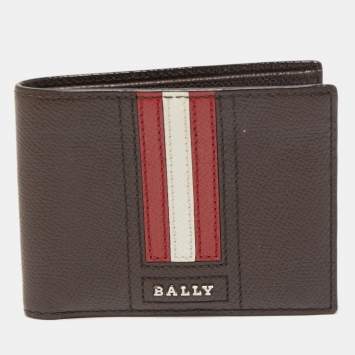 Pre Owned Bally Dark Brown Leather Stripe Bifold Wallet