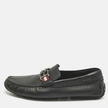 Pre Owned Bally Black Leather BB Horsebit Pebbled Driver Loafers Size 41.5         
