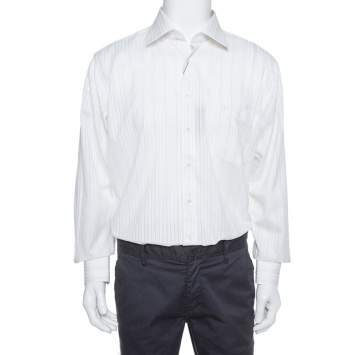 Pre Owned Balmain Cream Striped Cotton Long Sleeve Button Front Two Ply Shirt L