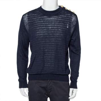 Pre Owned Balmain Navy Blue Linen Knit Shoulder Button Detail Distressed Sweater L