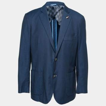 مملوكة مسبقًا Balmain Blue Cotton Elbow Patch Detail Single Breasted Blazer XXXL