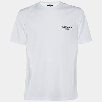 Pre Owned Balmain White Logo Embroidered Cotton Crew Neck T-Shirt L