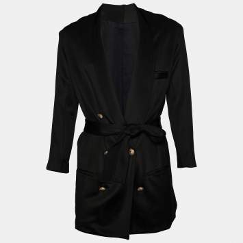 Pre Owned Balmain Black Jersey Belted Double Breasted Long Jacket M
