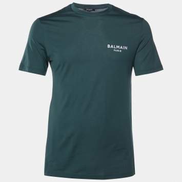 Pre Owned Balmain Deep Green Cotton Jersey Logo Embroidered Crew Neck T-Shirt S