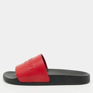 Pre Owned Balmain Size 44  Monogram Embossed Leather Flat Slides 