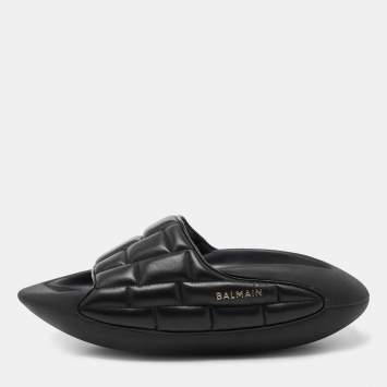 Pre Owned Balmain Black Quilted Leather B-IT Slide Sandals Size 45