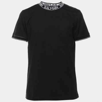 Pre Owned Balmain Black Cotton Crew Neck Logo T-Shirt M