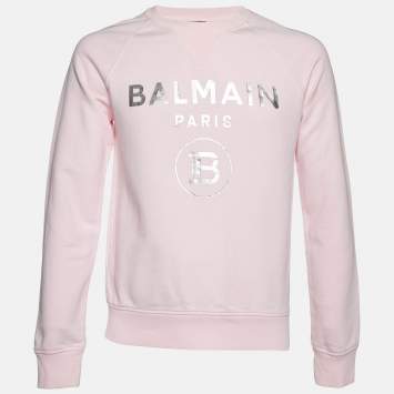 Pre Owned Balmain Pink Logo Print Cotton Crew Neck Sweatshirt S