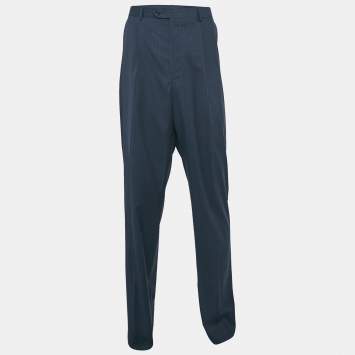 Pre Owned Balmain Navy Blue Pinstripe Wool Blend Tailored Trousers 4XL