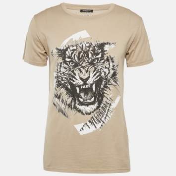 Balmain Beige Tiger Print Cotton Round Neck T-Shirt M