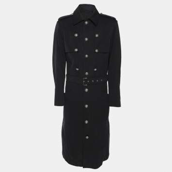 Balmain Dark Grey Cotton Blend Belted Coat XL