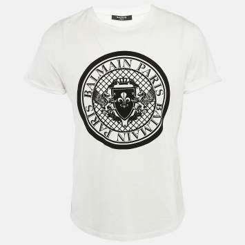 Pre Owned Balmain White Logo Flock Print Cotton Crew Neck T-Shirt L