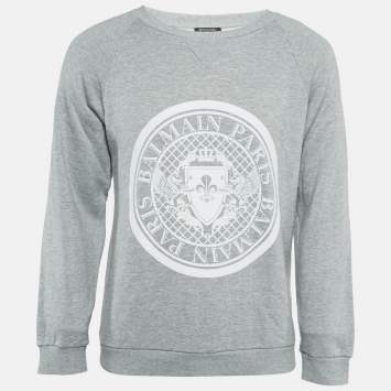 Pre Owned Balmain Grey Printed Cotton Crewneck Sweatshirt XS