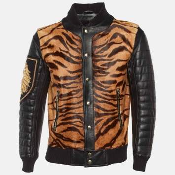 Pre Owned Balmain Black Animal Print Leather Tiger Embellished Bomber Jacket L