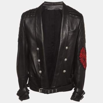 مملوكة مسبقًا  Balmain Black Quilted  Open Leather Jacket XXXL