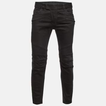 Pre Owned Balmain Black Denim Rib Detail Slim Fit Biker Jeans M/Waist 34"