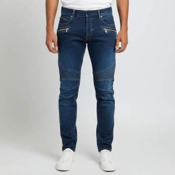 Pre Owned Balmain Blue Denim Ribbed Knee Tapered Biker Jeans XL/Waist 36" 