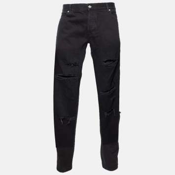 Pre Owned  Balmain Black Distressed and Ripped Denim Straight Jeans M/Waist 34"