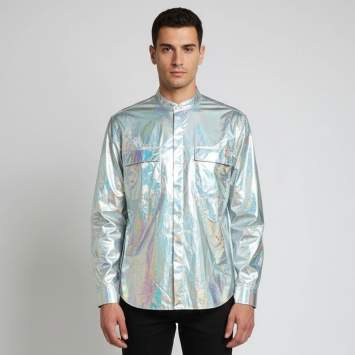 Pre Owned Balmain Silver Synthetic Holographic Oversized Shirt XXXS