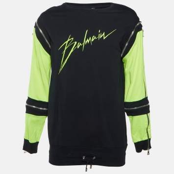 Pre Owned Balmain Two Tone Logo Print Cotton Jersey Zip Detail Sweatshirt M
