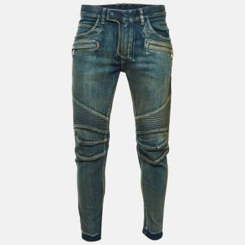 مملوكة مسبقًا Balmain Blue Distressed Denim Ribbed Biker Jeans M/Waist 34"