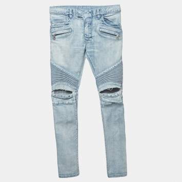 Pre Owned Balmain Blue Distressed Denim Biker Skinny Jeans M/Waist 32"