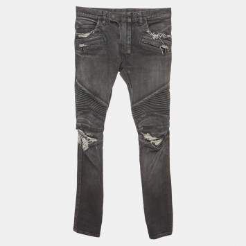 Pre Owned Balmain Grey Distressed Denim Biker Skinny Jeans S/Waist 32"