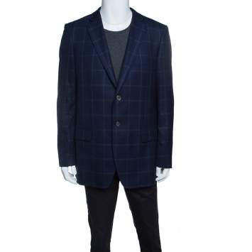 Pre Owned Balmain Super 120s Navy Blue Checkered Slim Fit Blazer XXL