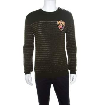 Pre Owned Balmain Military Green Striped Lurex and Merino Wool Crest Badge Detail Sweater L