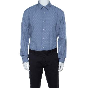 Pre Owned Balmain Blue Square Patterm Cotton Shirt XL 