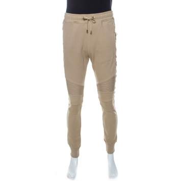 Pre Owned Balmain Beige Ribbed Knit Cotton Lace Up Detail Jogger Pants L