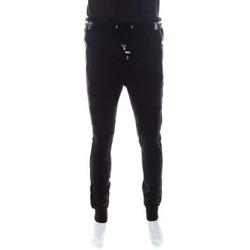Pre Owned Balmain Black Cotton and Velvet Side Paneled Biker Jogger Pants L