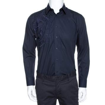 Pre Owned Balmain Navy Blue Logo Embroidered Cotton Casual Fit Shirt M