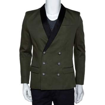 Pre Owned Balmain Military Green Gabardine Contrast Lapel Blazer XXXS