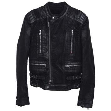 Pre Owned Balmain Black Coated Cotton Zip Front Biker Jacket S