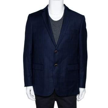 مملوكة مسبقًا Balmain Super 120s Navy Blue Checkered Wool Slim Fit Blazer XL