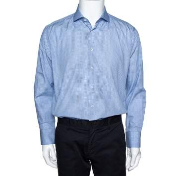 Pre Owned Balmain Blue Circle Print Cotton Long Sleeve Shirt L