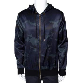Pre Owned Balmain Navy Blue Camouflage Print Cotton Blend Zip Front Hoodie L