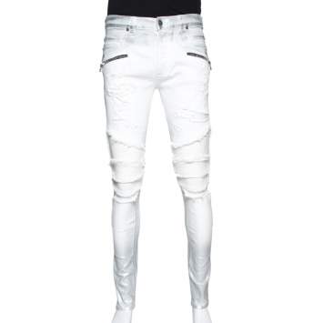 Pre Owned Balmain White Metallic Foil Print Distressed Skinny Biker Jeans M