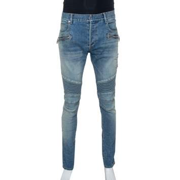 Pre Owned Balmain Blue Stonewashed Denim Skinny Biker Jeans L