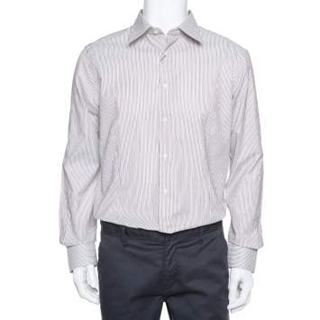 Pre Owned Balmain Cream & Brown Striped Cotton Button Front Slim Fit Two Ply Shirt L