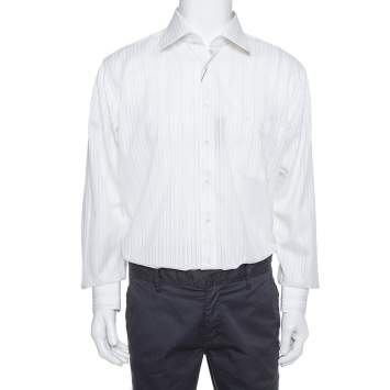 Pre Owned Balmain Cream Striped Cotton Long Sleeve Button Front Two Ply Shirt L