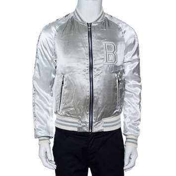 Pre Owned Balmain Silver Satin Logo Embroidered Medallion Bomber Jacket XS