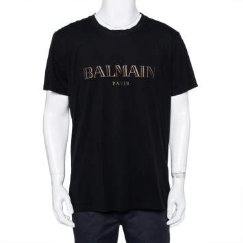 Pre Owned Balmain Black Metallic Logo Printed Crewneck T-Shirt XXL