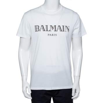 Pre Owned Balmain White Cotton Logo Velvet Printed Crewneck T-Shirt L