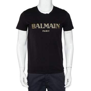 Pre Owned Balmain Black Cotton Metallic Logo Printed Crewneck T-Shirt M