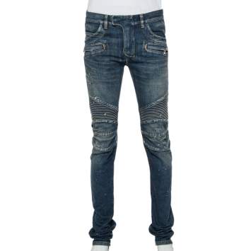Pre Owned Balmain Navy Blue Denim Biker Jeans M