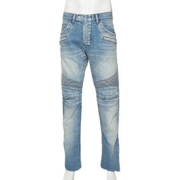 Pre Owned Balmain Blue Denim Ribbed Detailed Slim Fit Biker Jeans XL
