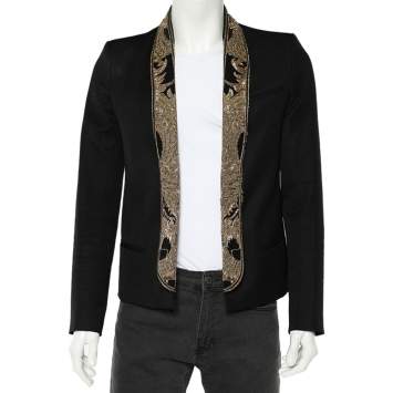 Pre Owned Balmain Black Wool Embellished Neck Open Front Jacket M